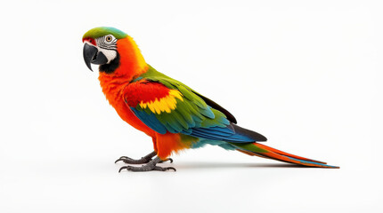 Fototapeta premium Vibrant Parrot Close-Up Photography on White Background - Perfect for Tropical Wildlife and Nature Themes