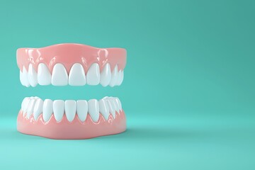 Obraz premium A realistic model of a set of dentures on a turquoise background, showcasing the teeth and gums prominently.