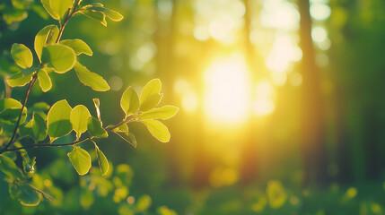 Obraz premium Golden Hour in the Forest: A close-up of vibrant green leaves bathed in the warm glow of the setting sun, creating a serene and tranquil atmosphere.