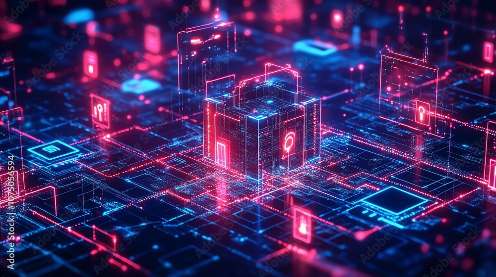 Aufkleber Abstract digital data network with glowing lines and a central cube.