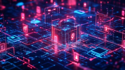 Fototapeta premium Abstract digital data network with glowing lines and a central cube.