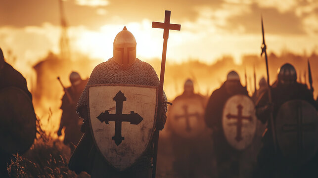 Group of crusaders in armor with shields and crosses at sunrise, evoking themes of historical battles, faith, and medieval warfare in a dramatic scene.