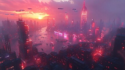 Obraz premium Futuristic cityscape with a river at sunset and flying cars in the sky.