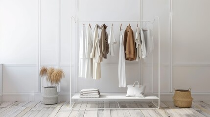 A cozy and simple dressroom with white walls and a white metal frame closet 