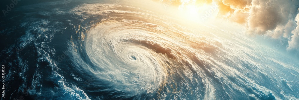 Poster a massive hurricane forms in the open ocean, characterized by swirling clouds and an eye, illuminate