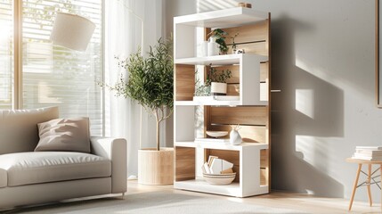 White 4 tiers rack in living room, white and wood colors, diffused light, natural lighting
