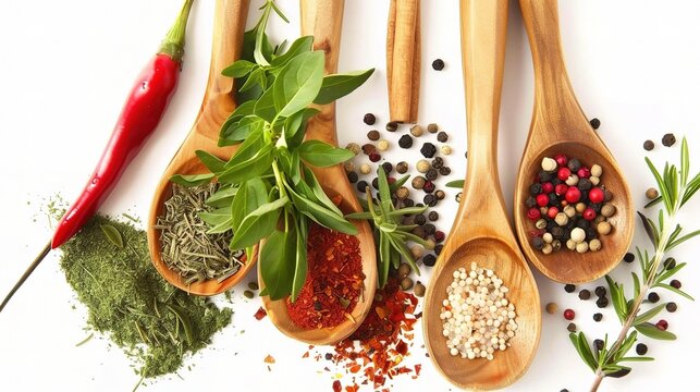 Top-Down Culinary Spice Assortment Display: Warm Rustic Visual with Fresh Herbs & Vibrant Seasoning Bowls &ndash; High-Res Food Styling Asset for Recipe Blogs/Cooking Content,