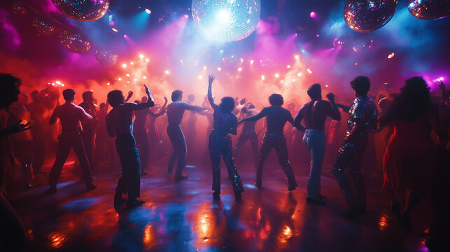 discoth&egrave;que, disco, ann&eacute;es 70, vintage, ambiance r&eacute;tro, danseurs, piste de danse, boule disco, lumi&egrave;res color&eacute;es, mode seventies, tenues paillet&eacute;es, musique, f&ecirc;te, nostalgie, style r&eacute;tro, illustration