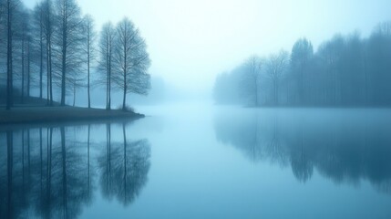 Fototapeta premium Serene lake surrounded by misty trees, creating a tranquil atmosphere.