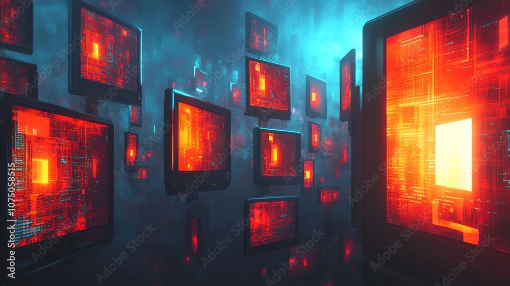 Aufkleber A futuristic, abstract background of floating screens with glowing circuits and digital data, representing the digital world.