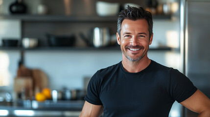 Obraz premium A middle-aged handsome man in the kitchen