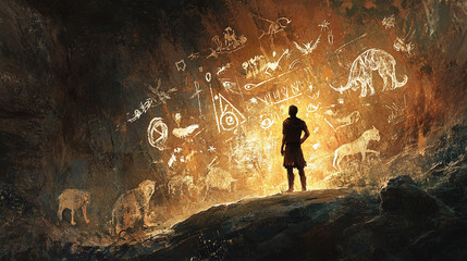 Fototapeta premium A Stone Age man painting on a cave wall, with ancient symbols and animals depicted in earthy colors