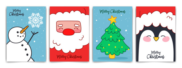 Christmas card template set. Backgrounds with Santa Claus, snowman, Christmas tree and penguin. Vector illustration. New Year design.