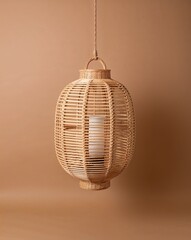 Obraz premium Rattan hanging lantern with beach vibes on plain sandy brown background
