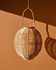 Obraz premium Rattan woven lantern casting shadows on plain ochre background