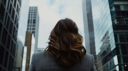 A woman with long brown hair stands in front of a tall building