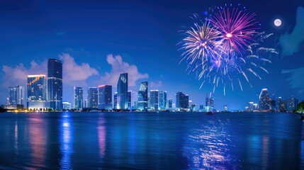 Obraz premium Miami Skyline with Fireworks