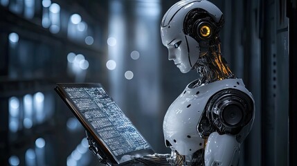 Fototapeta premium A humanoid robot with a white and metallic body reads digital text on a tablet device.
