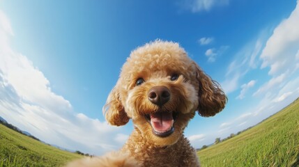 A cute poodle is smiling and looking at the camera in a grassy field