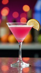 Vibrant bokeh background sets elegant pink cocktail on stemmed glass celebration nightlife