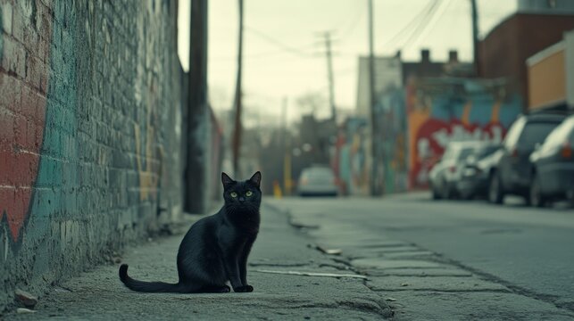 This dark green kot rests on a bed of ozdobioned graffiti on a stone wall, with zielone eyes and a homonymous furro that contribute to the atmosphere of tajemniczity.