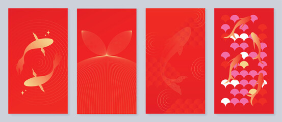 Chinese New Year 2025 greeting card background vector. Luxury poster design with koi fish, scales, lantern, orange, wave, line art. Elegant oriental illustration for cover, red envelope, calendar. © TWINS DESIGN STUDIO
