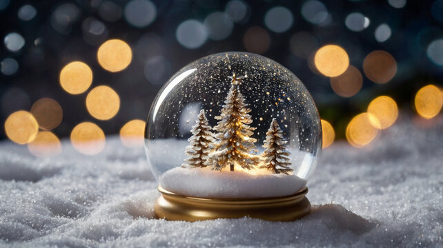 Image of christmas tree in snow globe with glowing fairy lights and shooting star on wooden surface. christmas festivity celebration concept digitally generated image