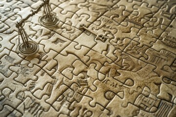 This artwork features a puzzle where one half is filled with technological icons and the other highlights themes of justice and human rights. Generative AI