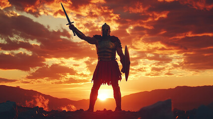 An ancient Greek hero standing triumphantly on a battlefield, sword raised, with a dramatic sunset behind him