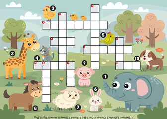 A crossword puzzle for kids with animals on it.  puzzle game of forest animals, Vector illustrator
