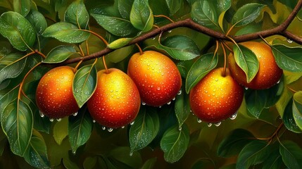 Obraz premium Gruszki plated in kropelkami wody and appearing on a sooty and pear-flavored surface make ideal decorations for children's rooms.