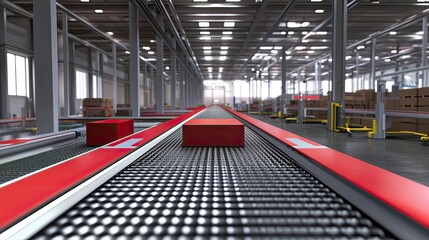 Red Conveyor Belt Moving Boxes in a Large Warehouse