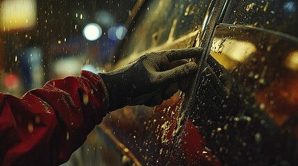 Gloved hand wiping condensation from a car window