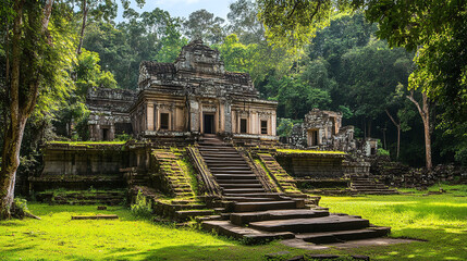 Naklejka premium An ancient temple featuring advanced hydraulic systems for irrigation, with lush greenery surrounding it
