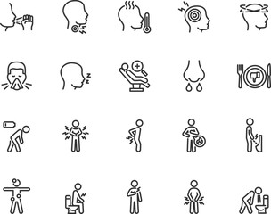 Vector set of symptoms disease line icons. Contains icons fever, cough, sneezing, dizziness, fatigue, drowsiness, vomiting, diarrhea, heartburn and more. Pixel perfect.