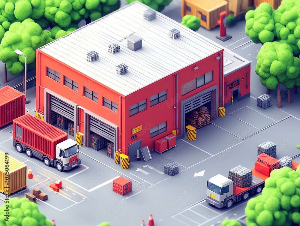 Poster a low-poly isometric illustration of a warehouse with trucks loading and unloading goods.