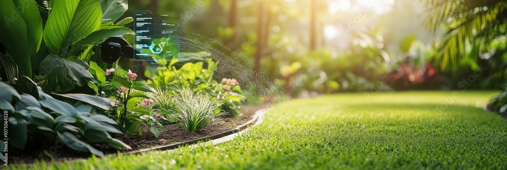 Poster a lush garden showcases automated sprinklers and advanced soil sensors enhancing plant growth in sun