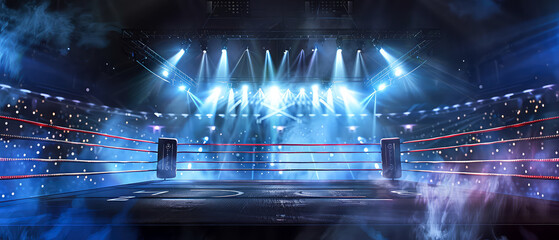 Atmospheric boxing ring under dramatic spotlight with smoky haze, empty arena creating tension and anticipation. Banner for sports themes, competition energy, motivational concepts.Generative ai