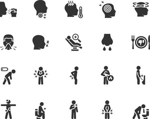 Vector set of symptoms disease flat icons. Contains icons fever, cough, sneezing, dizziness, fatigue, drowsiness, vomiting, diarrhea, heartburn and more. Pixel perfect.