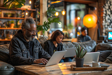 Obraz premium Two individuals work on laptops in a relaxed cafe setting, surrounded by plants and warm lighting, fostering creativity and collaboration as evening falls