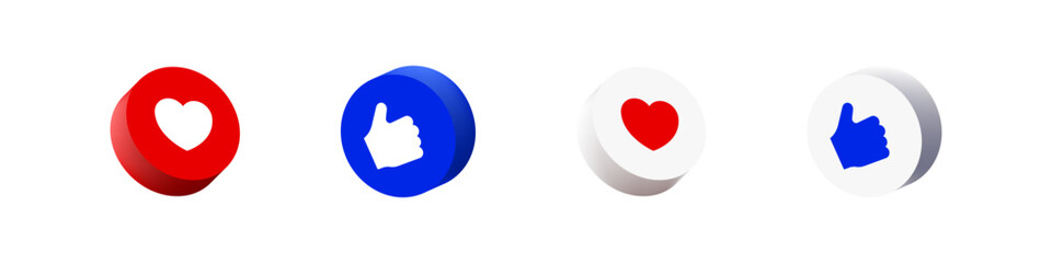 Like heart and thumb-up 3D buttons. Social media icons with heart and thumbs-up symbols