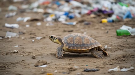 Obraz premium A turtle is walking on a beach with trash all around it