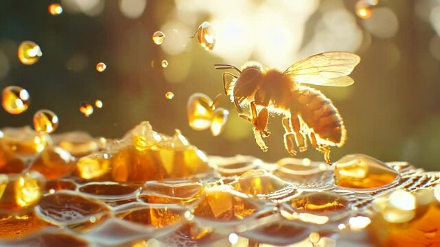 A bee is flying over a honeycomb