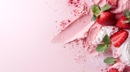 fresh strawberries with pink cream and mint leaves on a pastel pink background with artistic whipped spread