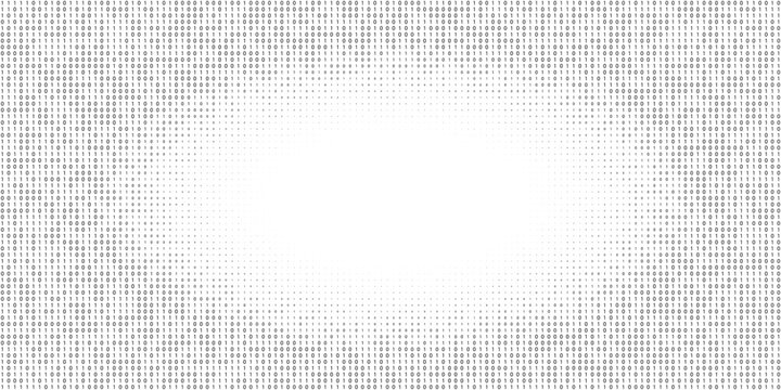 Binary code halftone gradient. Ones and zeros in oval gradation black and white bg. Digital system language texture. Computer encoding abstract background