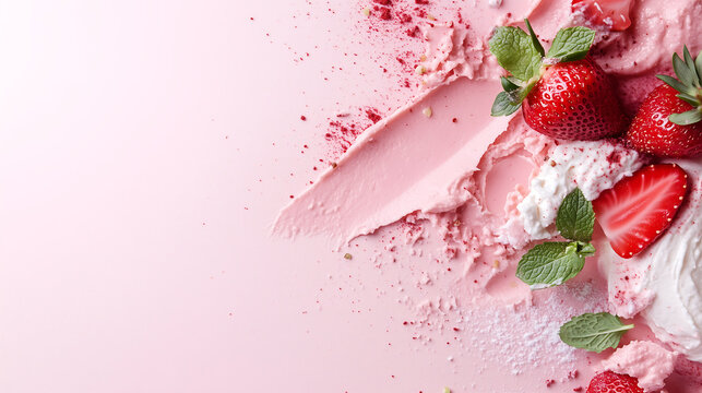 fresh strawberries with pink cream and mint leaves on a pastel pink background with artistic whipped spread