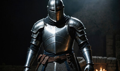 A knight in full armor stands in a dimly lit room, his face obscured by a helmet