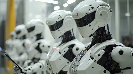 Fototapeta premium A Line of White Humanoid Robots with Helmets and Exposed Wiring