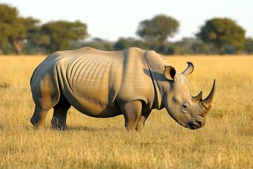 Obraz premium A white rhinoceros stands in a grassy field, looking to its left.