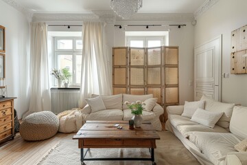 Fototapeta premium White and Beige Living Room with Wooden Accents and a Bamboo Screen